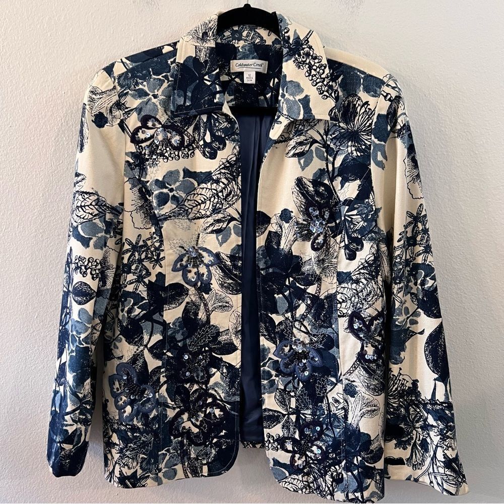Coldwater Creek Jacket Women Blue And White Print Size 12 Open Front Fully Lined